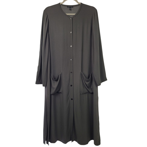 EILEEN FISHER Dress M Silk Georgette Crepe Midi Button Duster Front Gray - Picture 1 of 10
